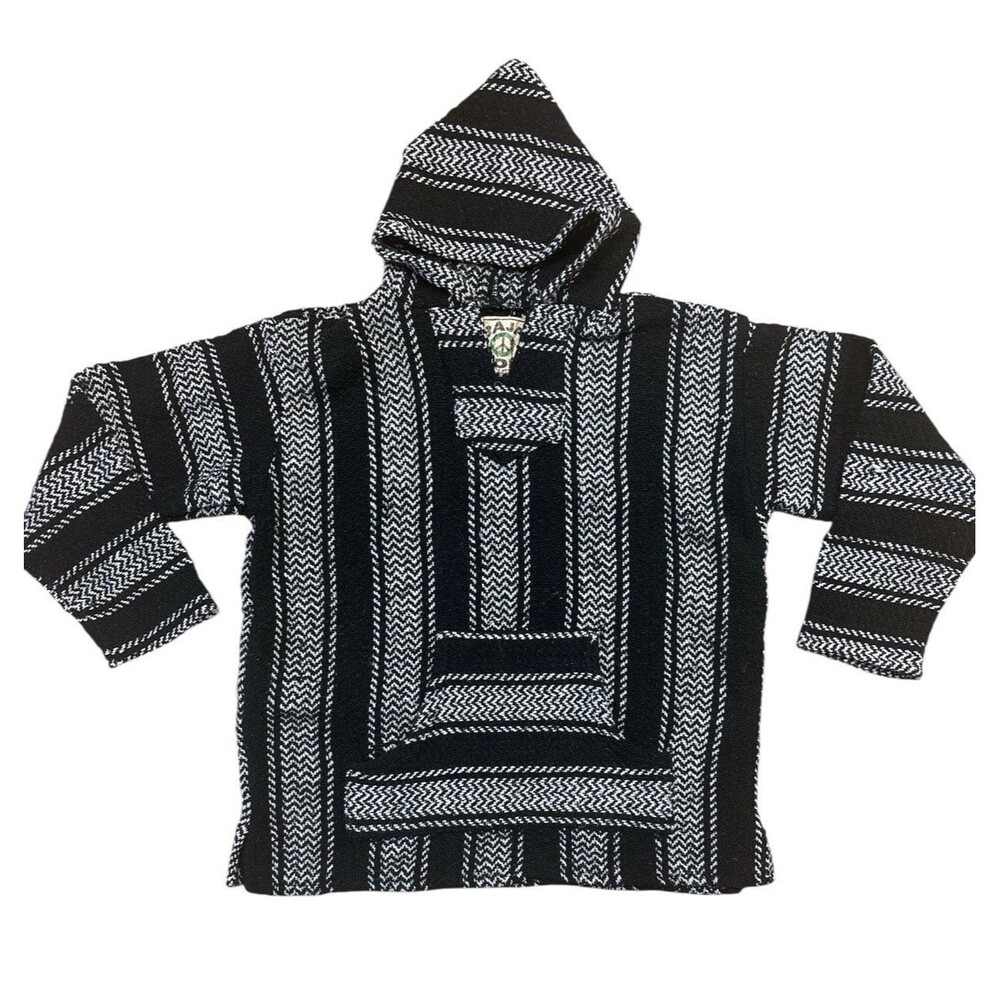 Mexican Poncho Baja Joe Hoodie Surfer Skater‎ Drug Rug Pullover Black & White L